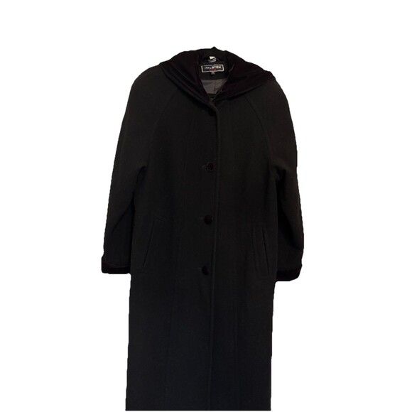 Vtg Halston Long Winter Coat Black Women's Made In Russia 100% Wool Size 8 Hood - Picture 1 of 10